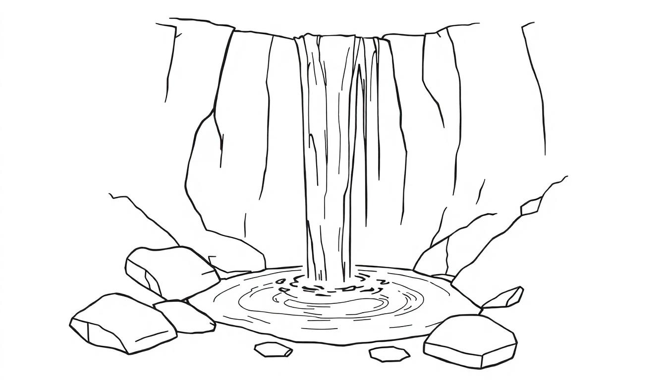 Kleurplaat van een zwart-witte tekening van een waterval met water dat in een vijver terechtkomt, omringd door rotsen.