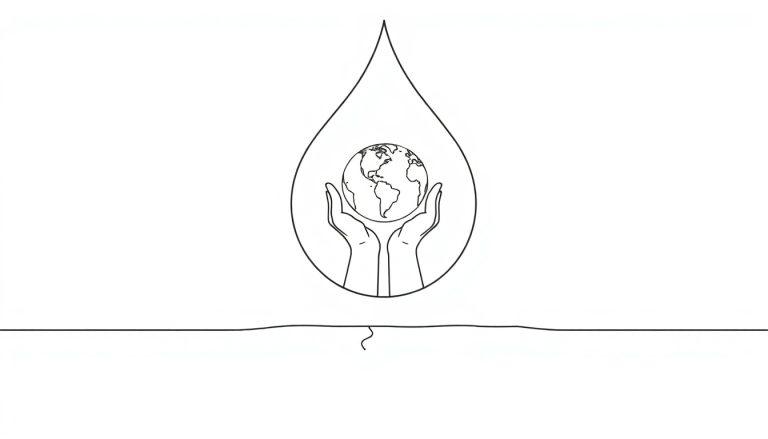 Kleurplaat van een waterdruppel met een wereldbol en handen eromheen.