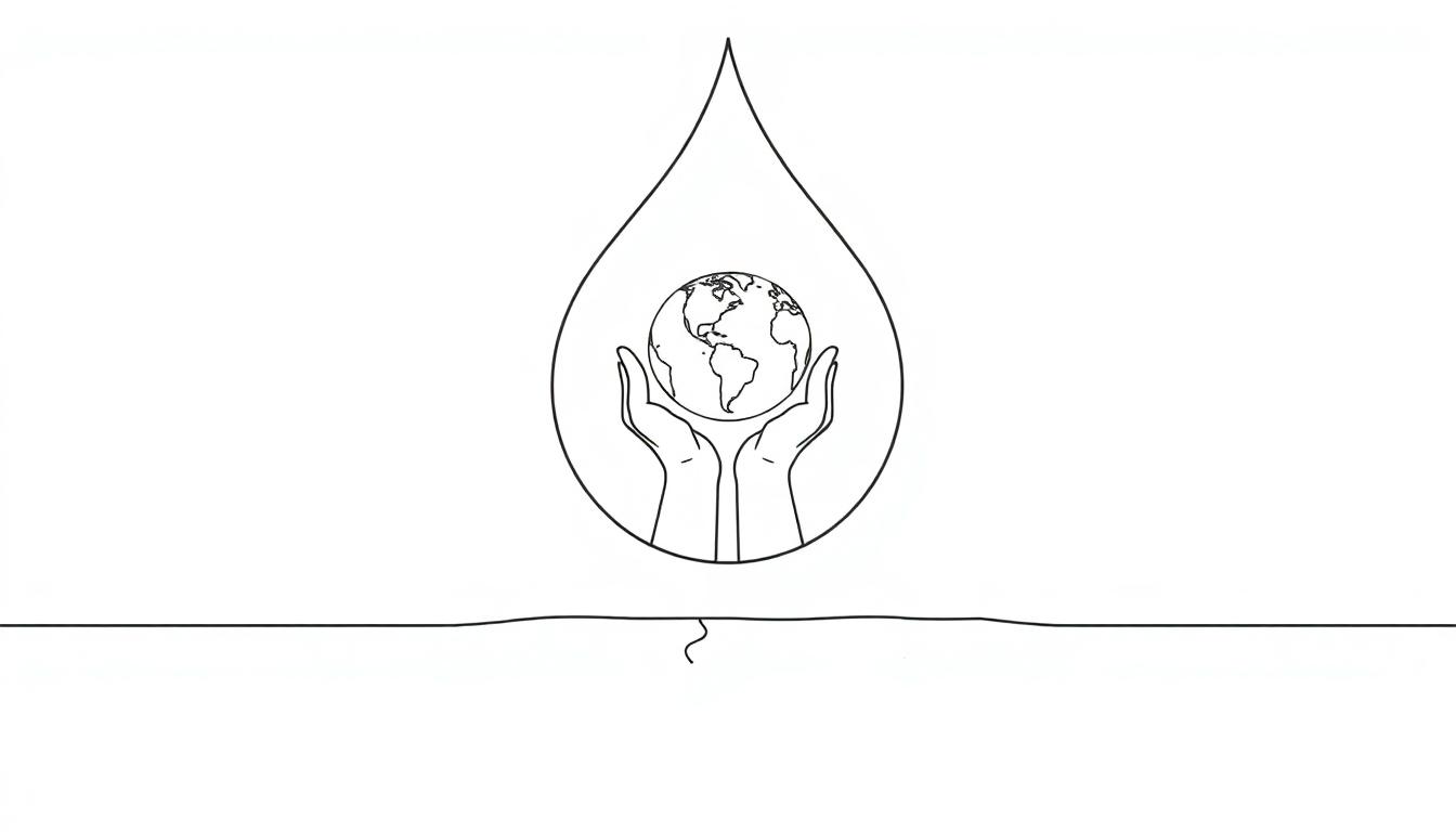 Kleurplaat van een waterdruppel met een wereldbol en handen eromheen.