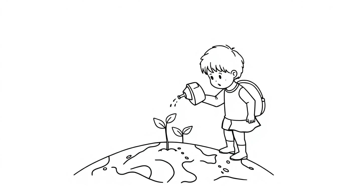 Kleurplaat van een kind met rugzak dat water geeft aan twee plantjes op een wereldbol.