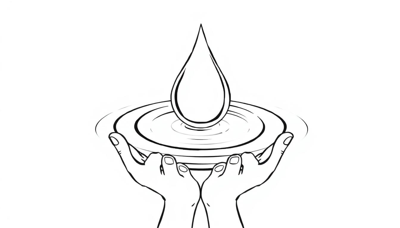 Kleurplaat van twee handen die een kom met een vallende waterdruppel en rimpelingen vasthouden.