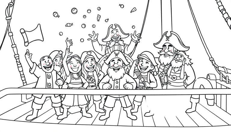 Kleurplaat van piraten die snoep gooien op een feestelijk piratenschip.