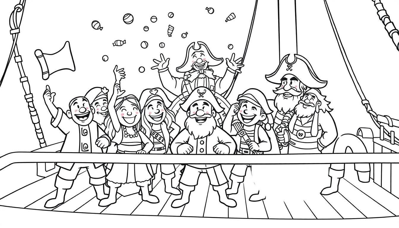 Kleurplaat van piraten die snoep gooien op een feestelijk piratenschip.