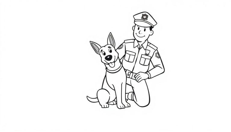 Een kleurplaat van een politieagent met een vriendelijke politiehond in tekenstijl.