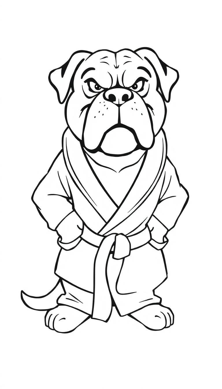 Kleurplaat van een stoere bulldog in een kimono, klaar voor actie.