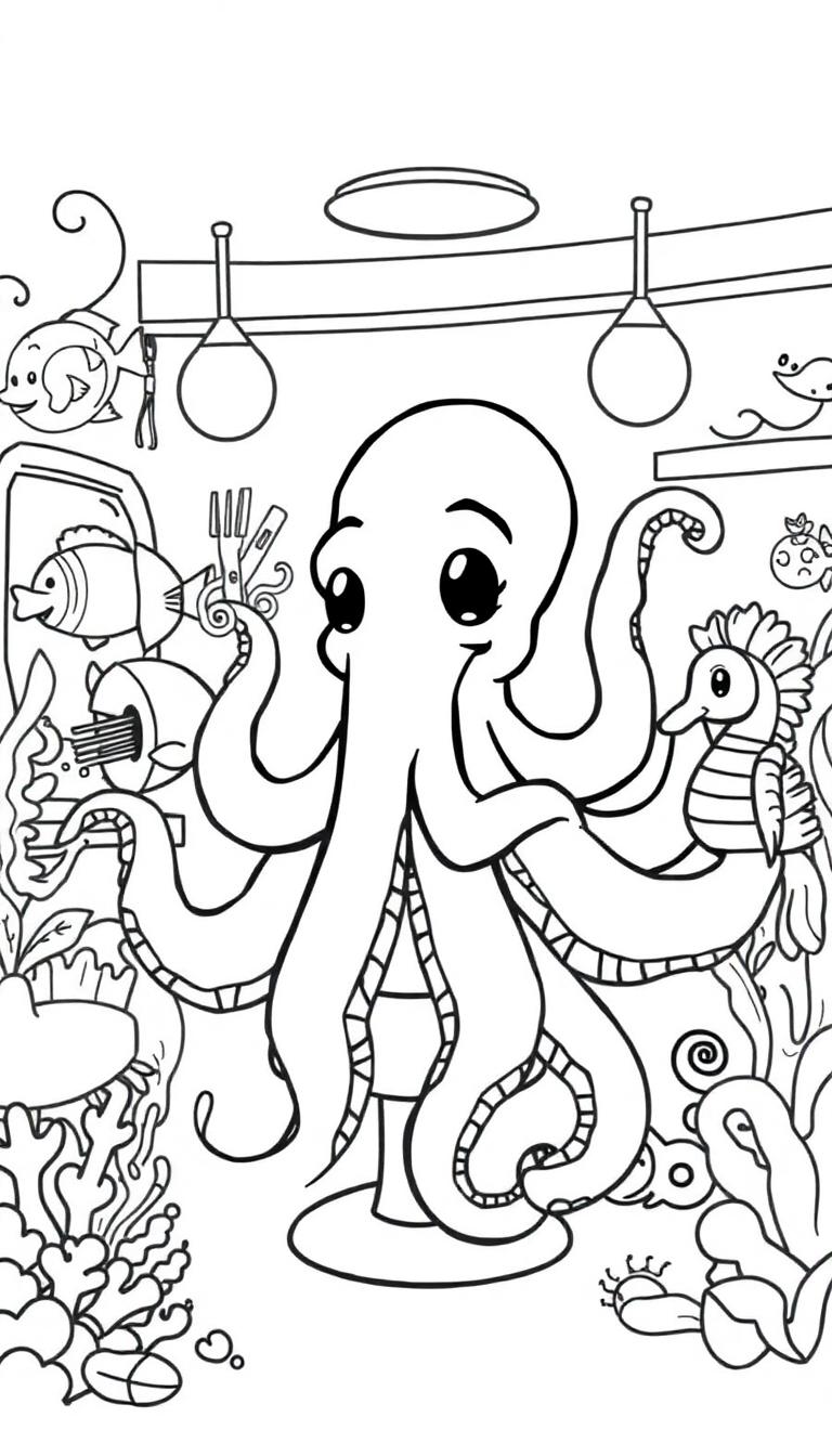 Kleurplaat van een vrolijke octopus die in een onderwaterkapsalon werkt en zijn tentakels gebruikt om verschillende objecten vast te houden, zoals een schaar, kam en spiegel.