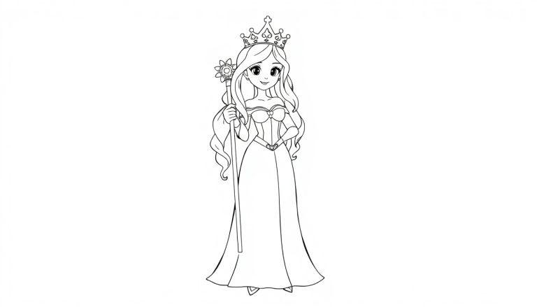 Kleurplaat van een prinses met lang haar, een kroon, een sierlijke jurk en een staf.