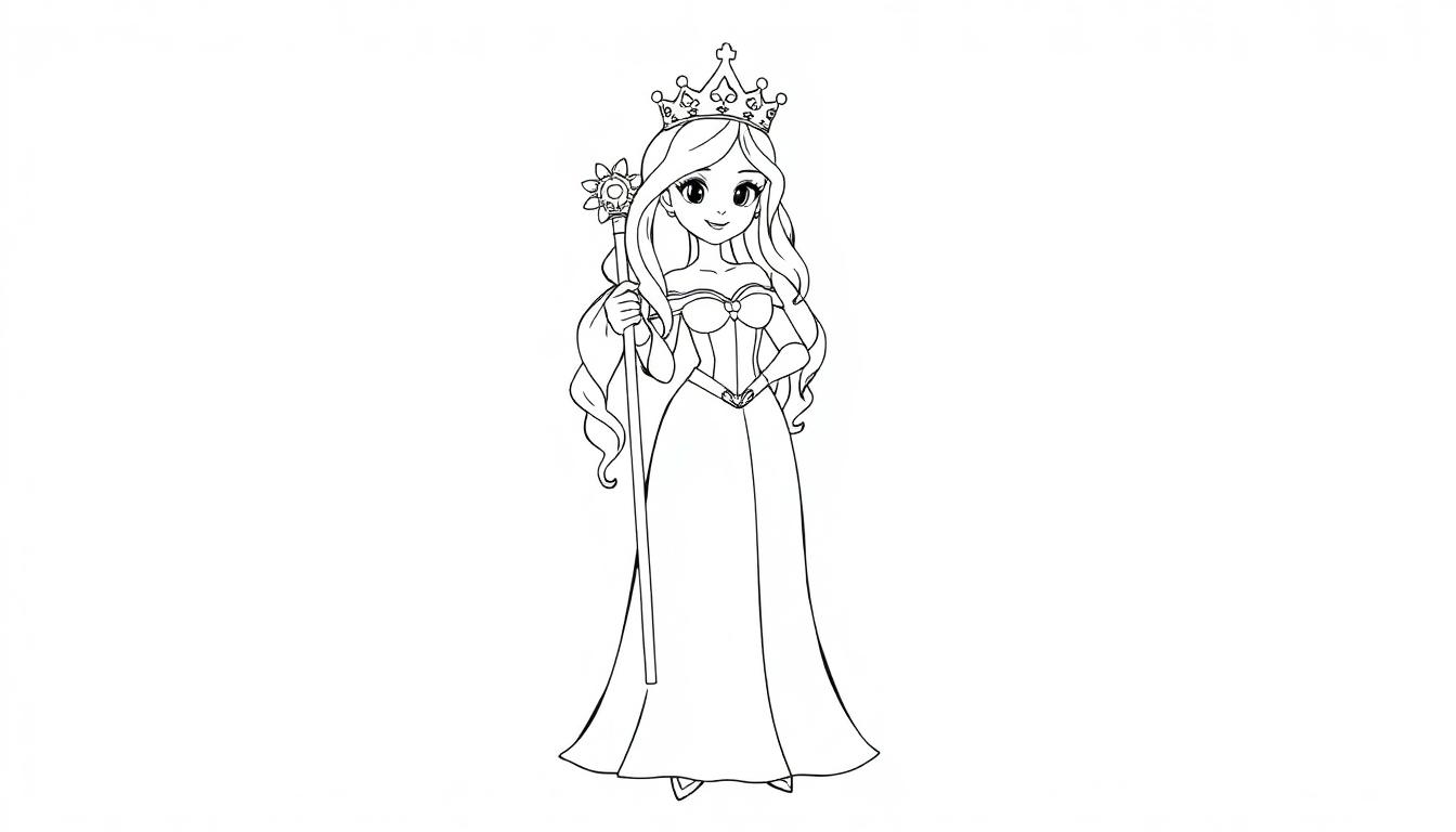 Kleurplaat van een prinses met lang haar, een kroon, een sierlijke jurk en een staf.