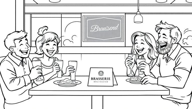 Kleurplaat van een lachend gezin in een restaurant genaamd Brasserie Bruissend.