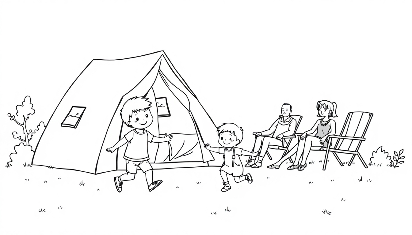 Kleurplaat met kinderen die spelen voor een tent, terwijl papa en mama in klapstoelen zitten.