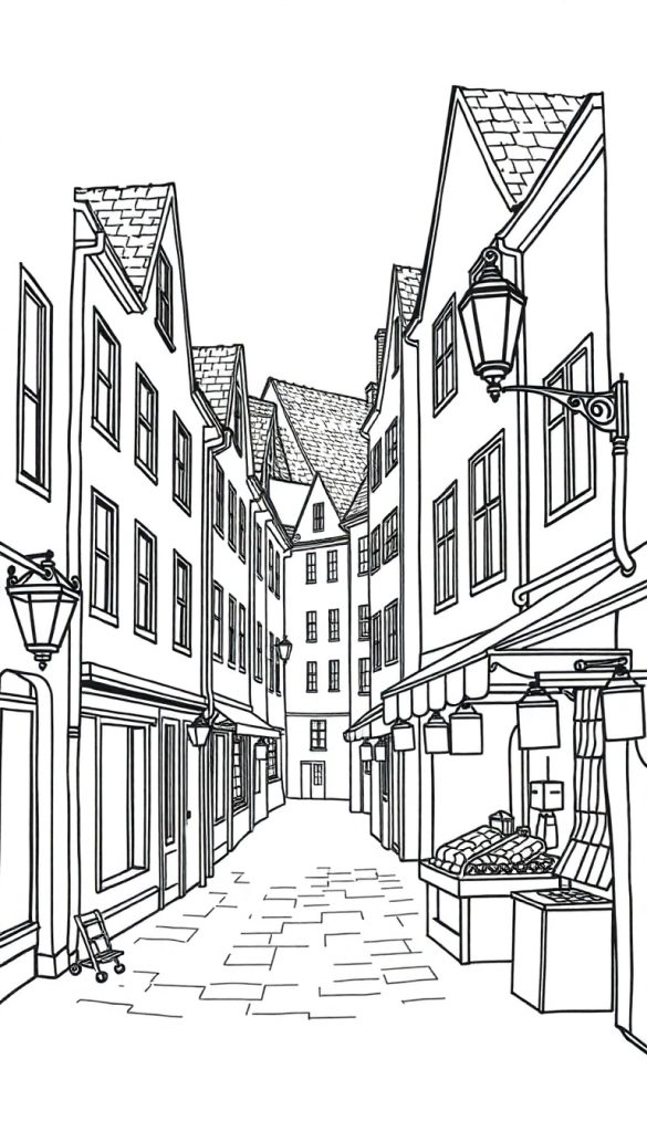 Zwart-wit kleurplaat van een smalle straat met oude gebouwen en een nostalgische sfeer.