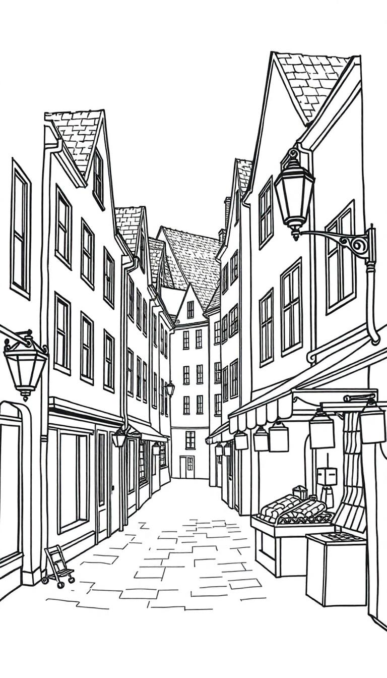 Zwart-wit kleurplaat van een smalle straat met oude gebouwen en een nostalgische sfeer.