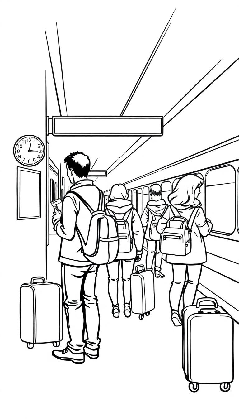 Kleurplaat met een stationsscène: mensen met bagage, een klok en een trein op het perron.