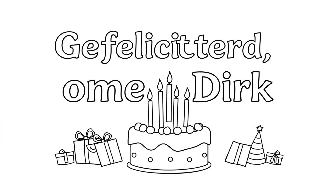 Kleurplaat van een verjaardag met de tekst 'Gefeliciteerd, ome Dirk', een taart met kaarsjes, cadeautjes en een feesthoedje.
