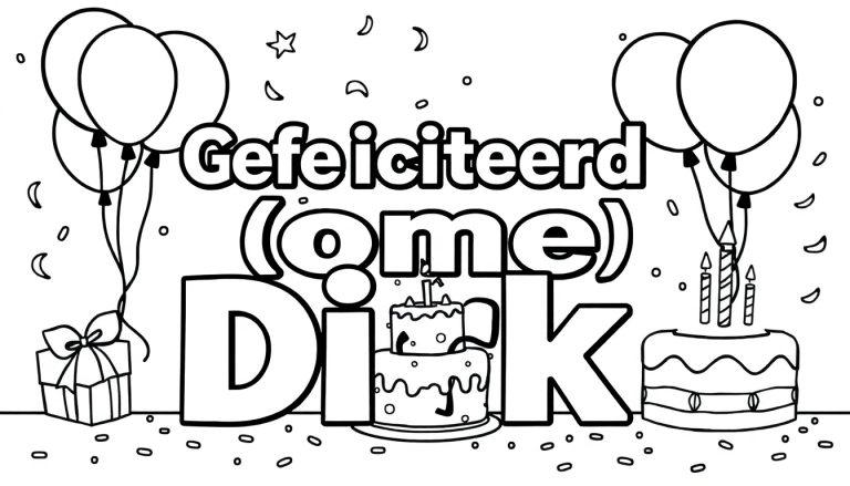 Een leuke monochrome kleurplaat met ballonnen, confetti, een cadeau, taarten en de tekst 'Gefeliciteerd (ome) Dick'.