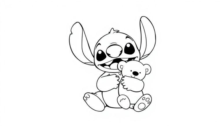 Kleurplaat van een vrolijke Stitch met grote oren, brede glimlach en een teddybeer.