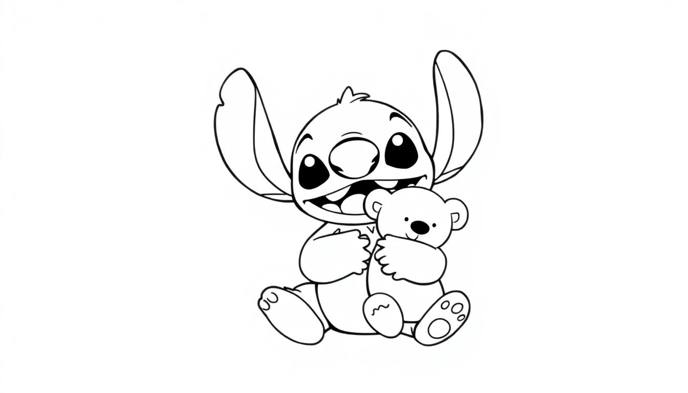 Kleurplaat van een vrolijke Stitch met grote oren, brede glimlach en een teddybeer.