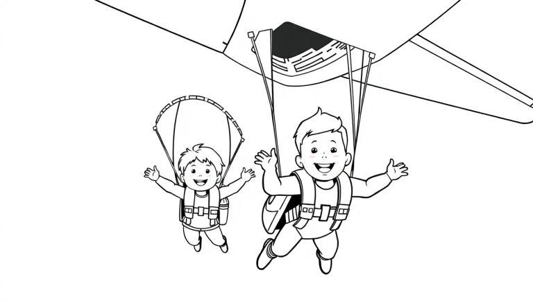 Kleurplaat van twee lachende kinderen die uit een vliegtuig springen, met parachutes en harnassen, klaar om te vallen en plezier te maken.