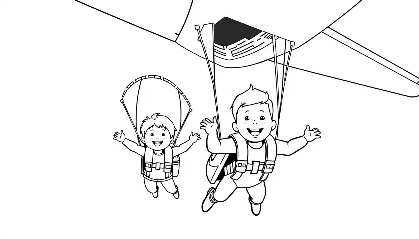 Kleurplaat van twee lachende kinderen die uit een vliegtuig springen, met parachutes en harnassen, klaar om te vallen en plezier te maken.