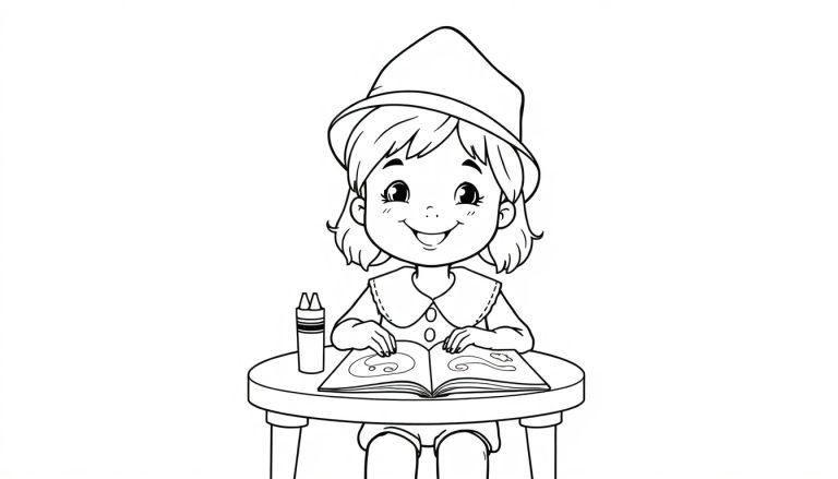 Kleurplaat van een lachend kind met korte haren, hoed, aan een tafel met een open boek en kleurpotloden, geschikt als kleurplaat voor kinderen.