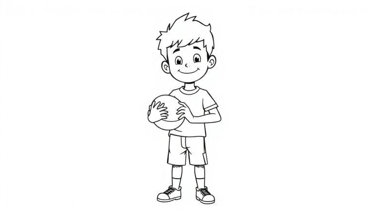 Kleurplaat van een lachende jongen die een bal vasthoudt, klaar voor een voetbalwedstrijd.
