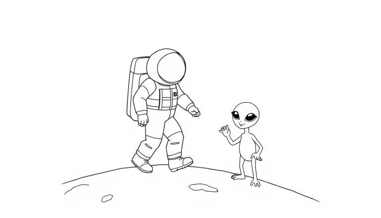 Een zwart-wit kleurplaat van een astronaut die een buitenaards wezen begroet op een maanachtig oppervlak. De astronaut draagt een ruimtepak en helm, terwijl het buitenaardse wezen grote ogen en een slank lichaam heeft en vriendelijk zwaait.
