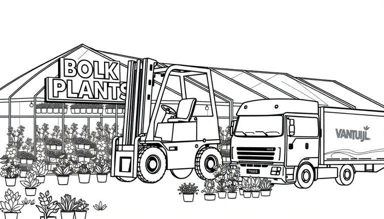Kleurenplaat van een tuinbouwomgeving met een kas, planten in potten, een heftruck en een vrachtwagen met het logo Van Tuijl.