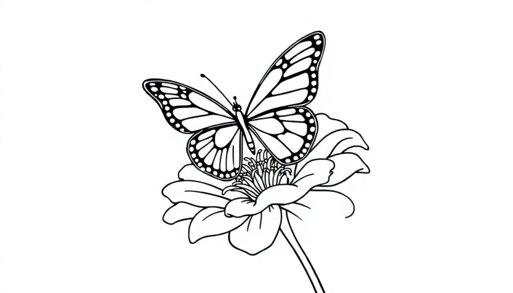 Kleurplaat van een vlinder die op een bloem zit, met gedetailleerde vleugelpatronen en bloemblaadjes.
