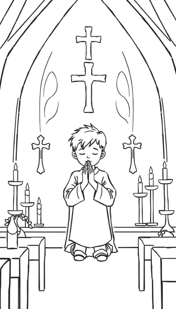 Kleurplaat van een jong kind dat knielt en bidt in de kerk, met gesloten ogen en gevouwen handen, op de achtergrond bogen en kaarsen. Een mooie kleurplaat voor kinderen.
