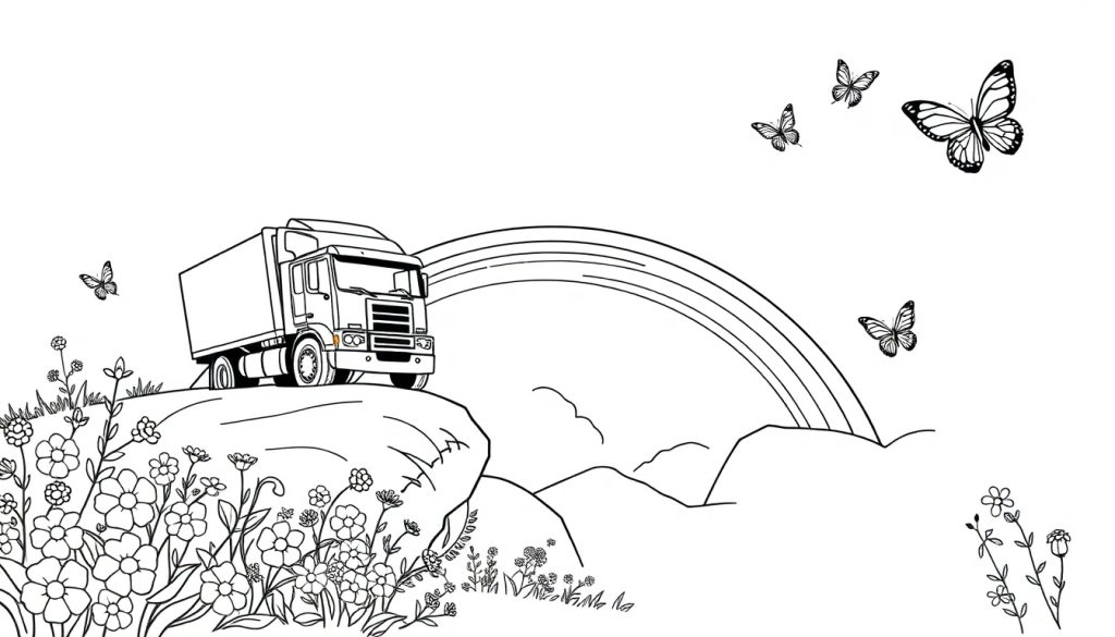 Kleurplaat van een vrachtwagen op een klif met een regenboog, vlinders, bloemen, bergen en wolken.