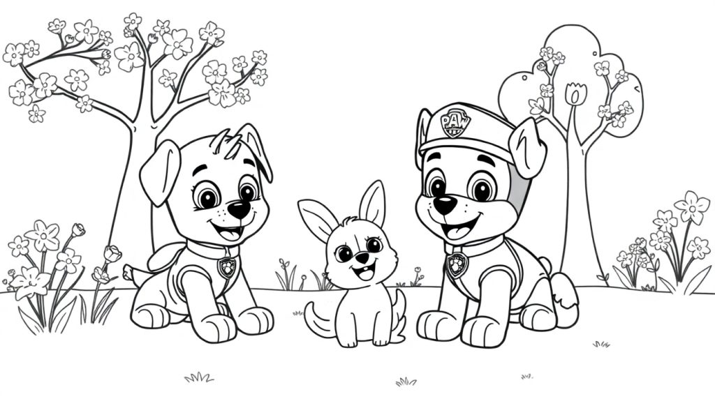 Een kleurplaat met twee blije pups en een konijntje op een grasveld met bloemen en bomen, klaar om in te kleuren.