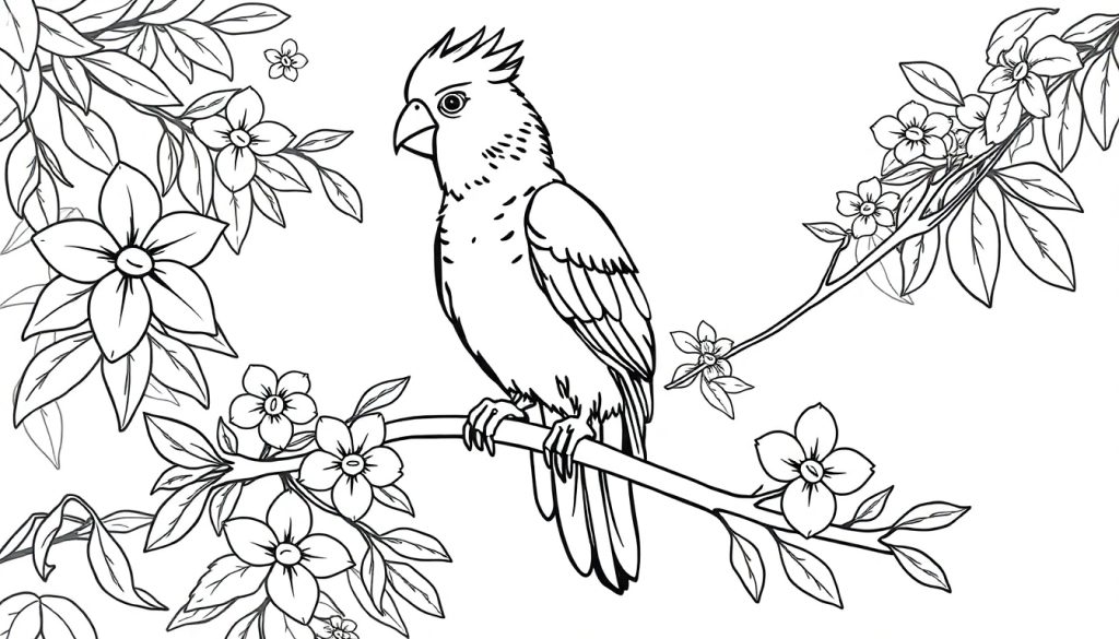 Kleurplaat van een valkparkiet die op een tak zit, omgeven door bloemen en bladeren, klaar om in te kleuren.
