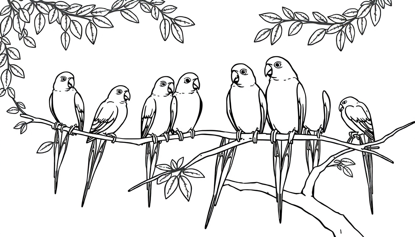 Kleurplaat van zeven vogels op takken met bladeren, klaar om ingekleurd te worden.
