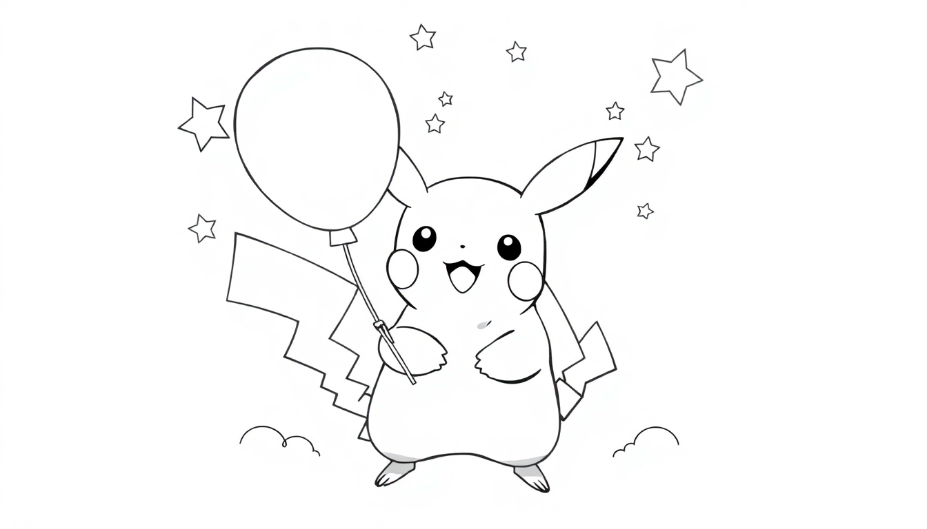 Lijntekening van een feestend Pikachu met ballon en sterren, perfect als kleurplaat voor kinderen.