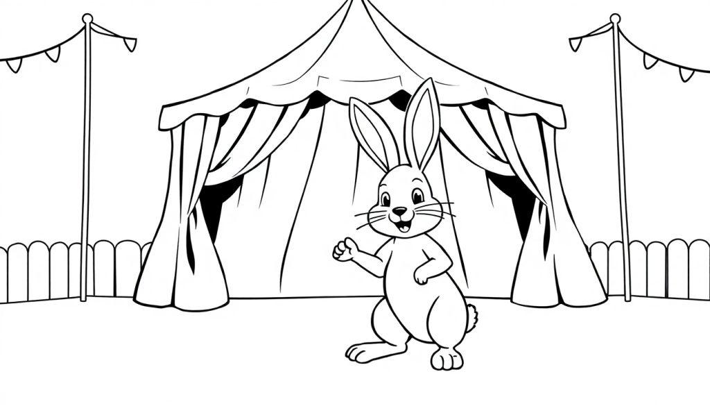 Zwart-wit kleurplaat van een vrolijk konijn voor een circustent, klaar om ingekleurd te worden.