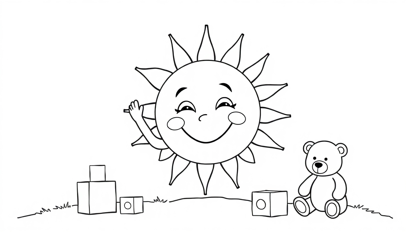Lachende zon kleurplaat die naar je zwaait, met blokken op links en een beer rechts, geschikt voor een kleurboek voor kinderen.