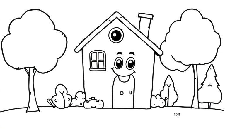 Een vrolijke zwart-wit kleurplaat van een glimlachend huis dat kinderen toewijkt, met bomen, gras en struiken eromheen.