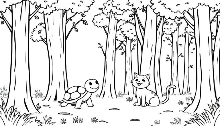 Zwart-wit kleurplaat van een bos met een schildpad en een kat, die elkaar vrolijk aankijken.