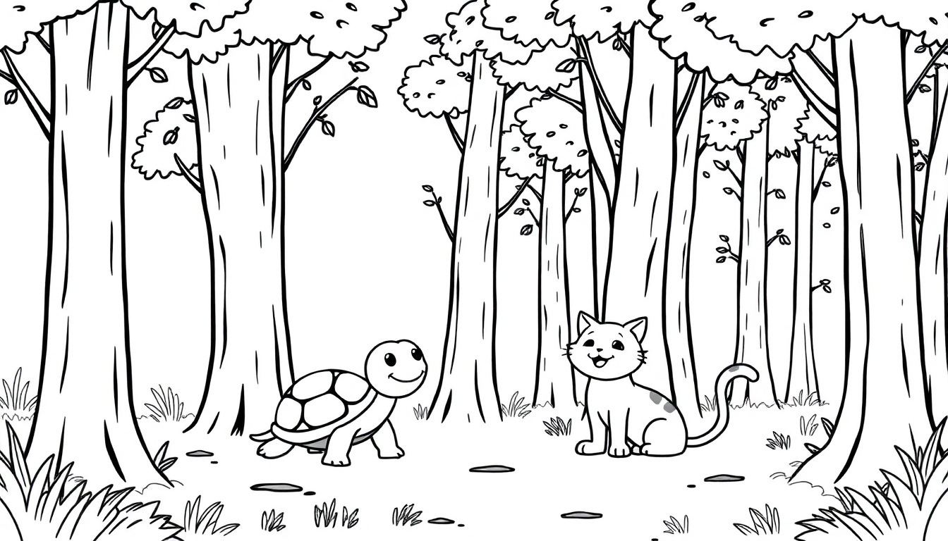 Zwart-wit kleurplaat van een bos met een schildpad en een kat, die elkaar vrolijk aankijken.