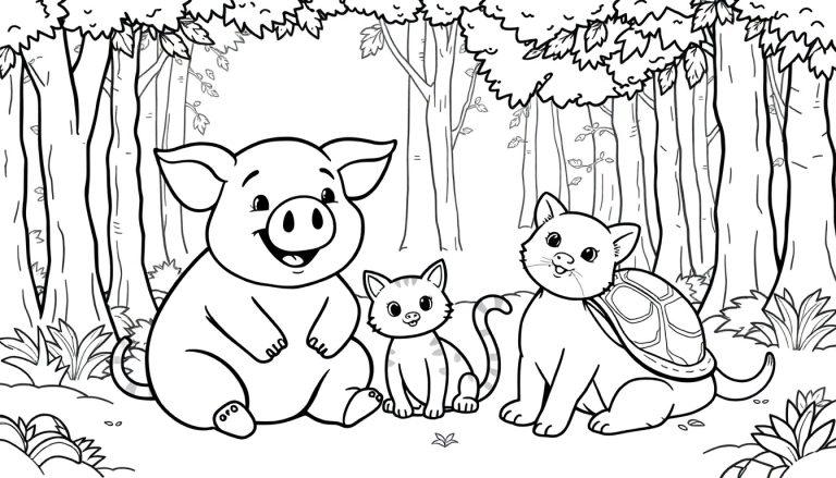 Zwart-wit kleurplaat van drie schattige dieren in het bos: een lachend varkentje, een gestreept katje en een grotere kat met een schild op de rug, allemaal klaar om ingekleurd te worden.