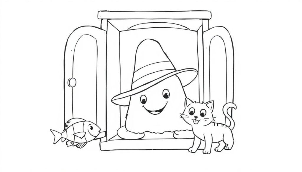 Een kleurplaat met een lachende persoon met hoed, een blije kat, en een vrolijke vis, allemaal getekend met eenvoudige lijnen in een omlijsting die op een raam lijkt.