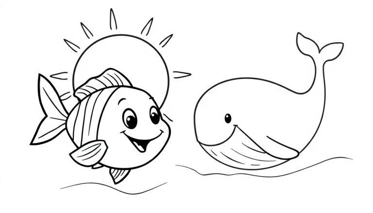 Een leuke kleurplaat van een lachende vis, een blijde walvis en een stralende zon in de oceaan.