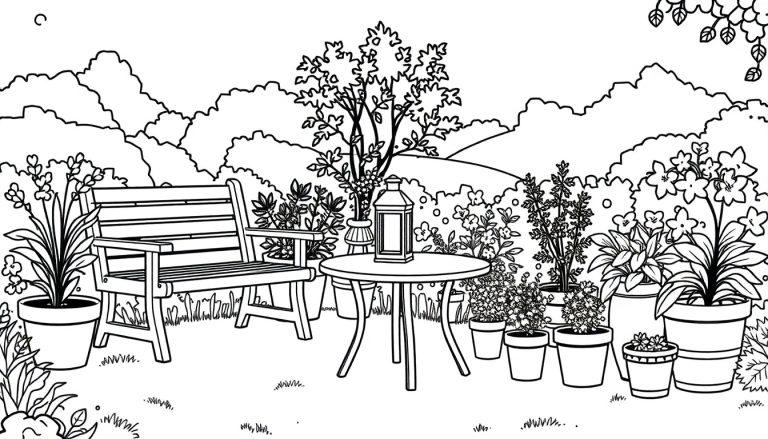 Kleurplaat van een rustieke tuin met een houten bank, ronde tafel en veel planten en bloemen.