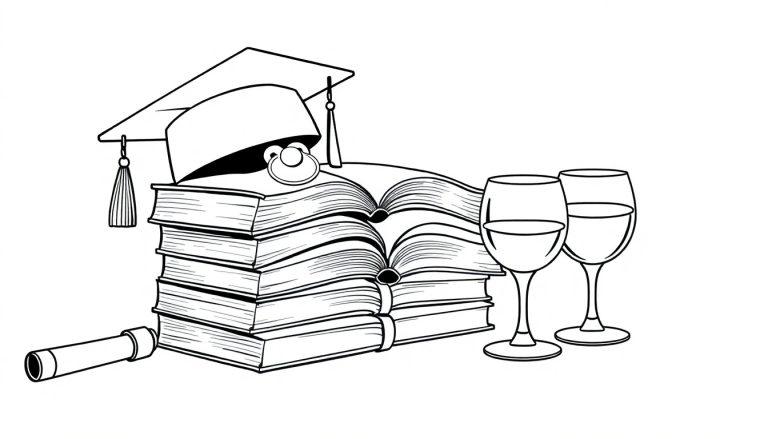 Kleurplaat van een stapel boeken met een gezicht, drie wijnglazen en een opgerold diploma, allemaal in een speelse en kleurrijke stijl.