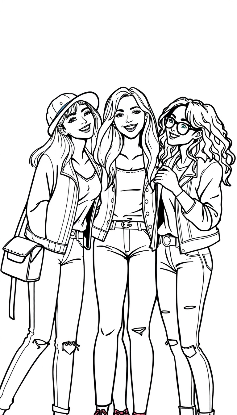 Kleurplaat van drie jonge vrouwen die samen lachen en poseren, in een zwart-witte schets. Ze dragen modieuze kleding en hebben verschillende kapsels, perfect voor een kleurplaat om in te kleuren.