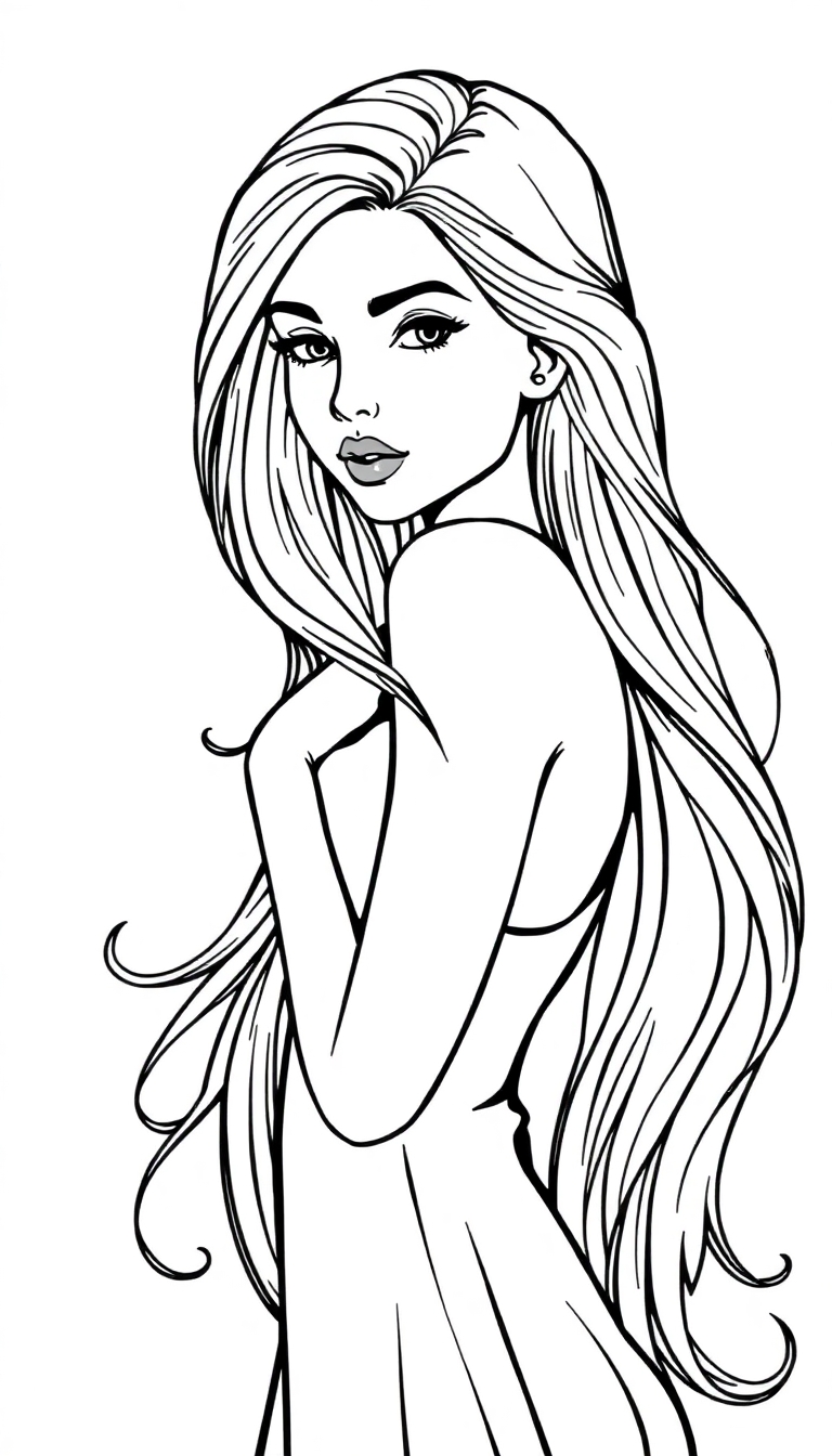 Kleurplaat van een lange, stijlvolle vrouw met golvend haar die over haar schouder kijkt, getekend in zwart-wit.