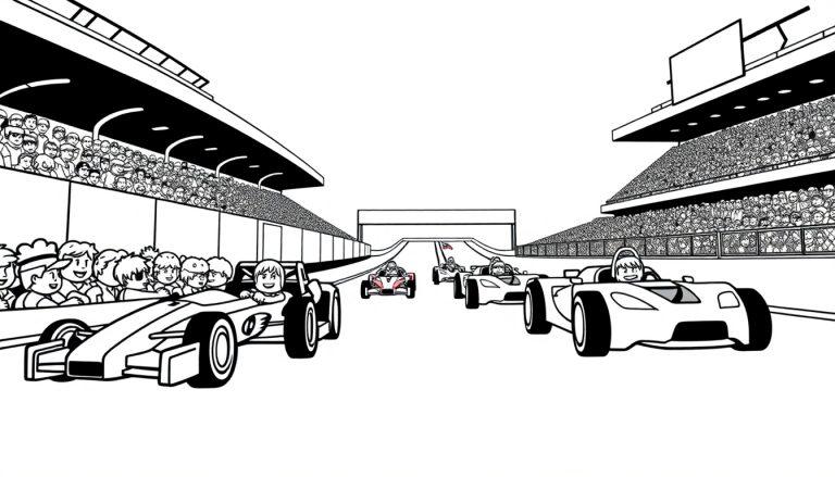 Kleurplaat van een vrolijke autosportrace met lachende coureurs en racewagens, klaar om ingekleurd te worden.