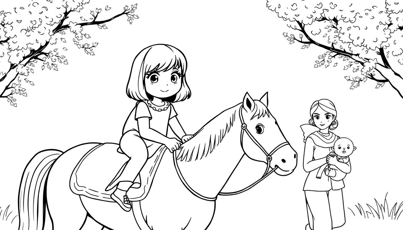 Kleurplaat van een meisje met halflang haar op een paard, met haar mama en baby in een rustige buitenomgeving met bomen.