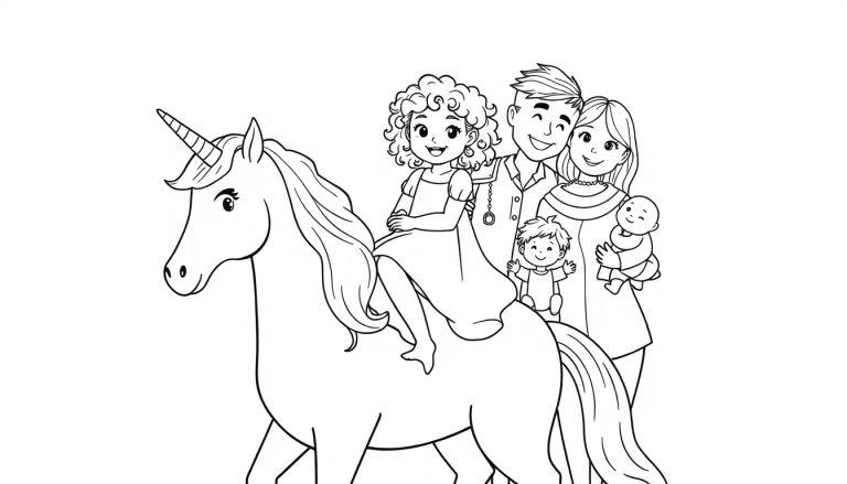 Kleurplaat van een schattige eenhoorn met een meisje en een familie, alles in zwart-wit.