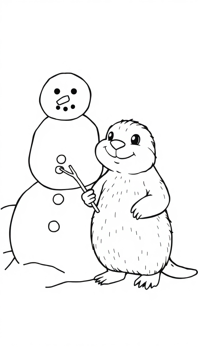 Kleurplaat van een sneeuwpop en een beertje die samen een winterse sneeuwman maken, eenvoudig en schattig voor kinderen.